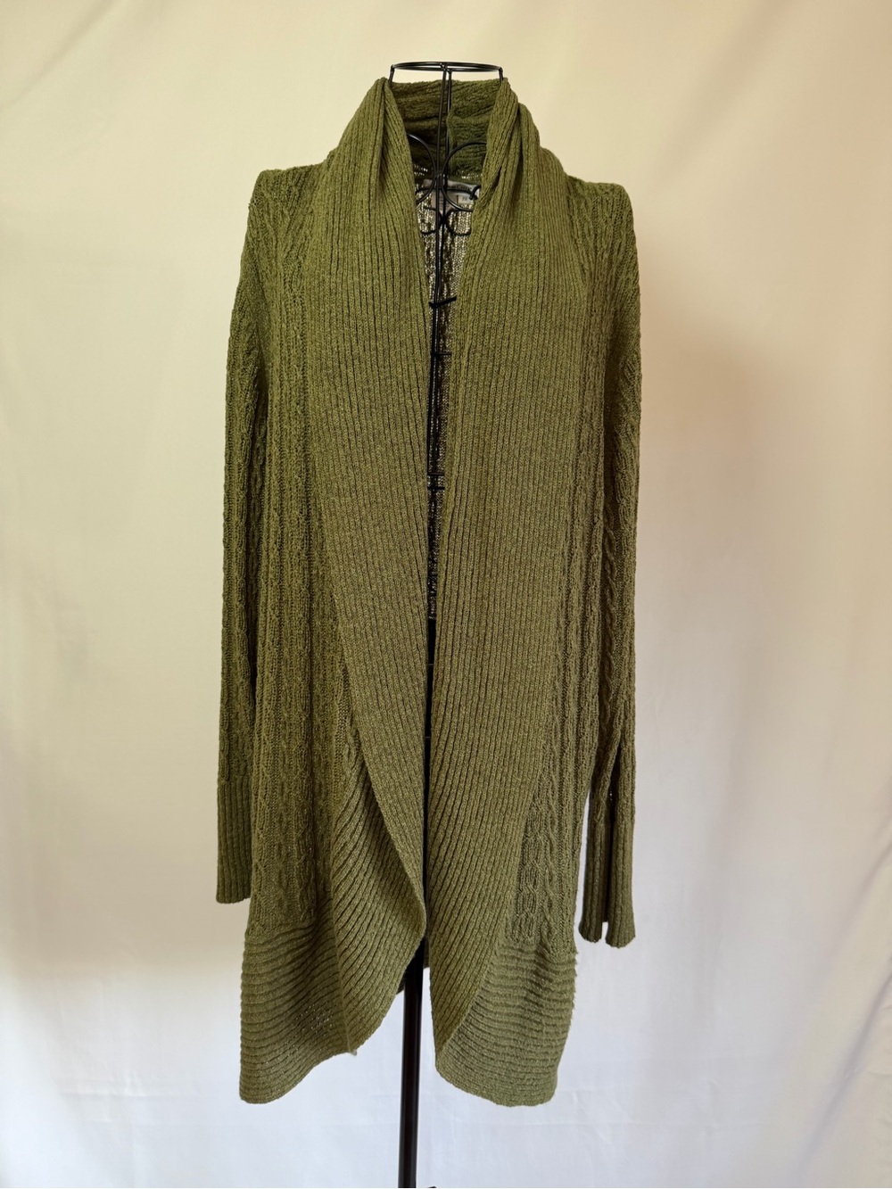 Coldwater Creek Olive Green Open-Front Cable Knit Cardigan